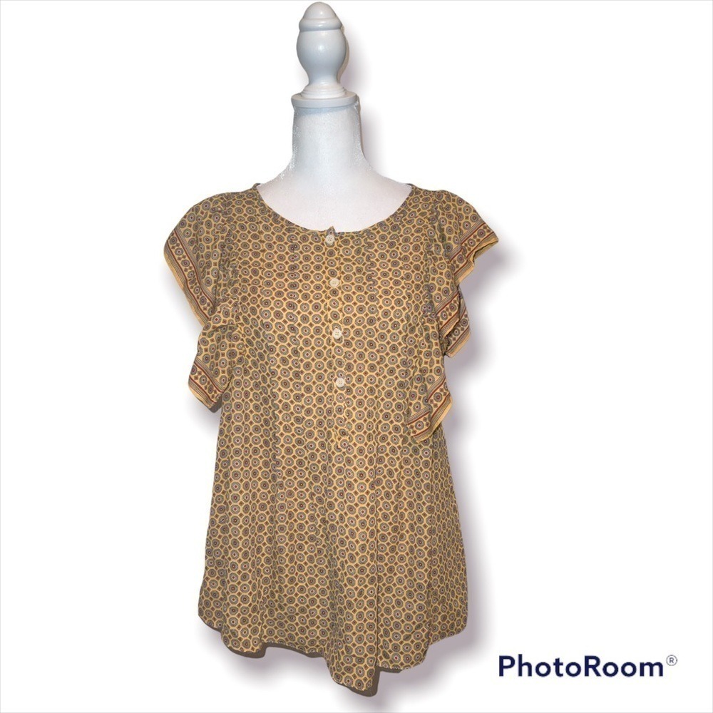 Max Studio Womens Mustard Yellow Geometric Medallion Flutter Sleeve Blouse M NEW